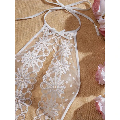 New Embroidery Daisy Sexy Lingeries Transparent Hollow Deep V Bodysuits Women One Piece Bra Crotchless Romantic Wedding Pajamas